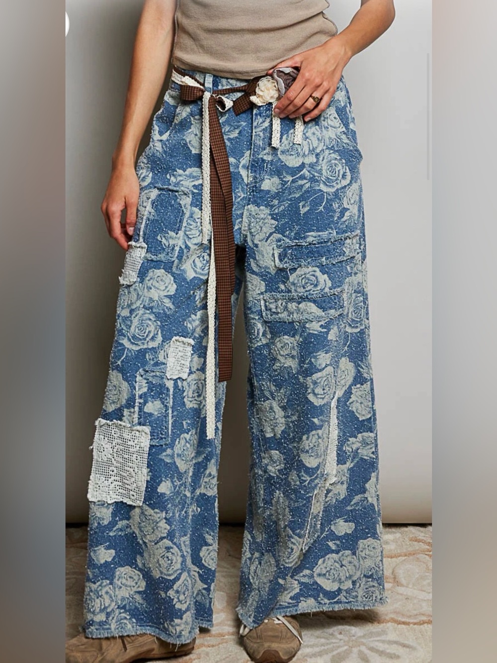POL Boho Wide-Leg Floral Patchwork Pants - Blue Size Small